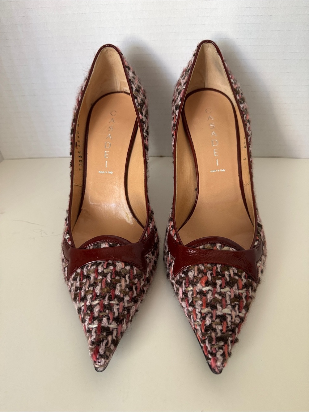 Casadei Multicolor Tweed Pointed Pumps with Burgundy Trim